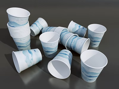 Blue And White Paper Cups With Wave Patterns Stacked And Scattered On Gray Surface 3d model