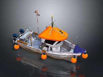 Small Fishing Boat Featuring Orange Canopy Silver Hull And Orange Buoys 3d model
