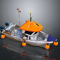 Small Fishing Boat Featuring Orange Canopy Silver Hull And Orange Buoys