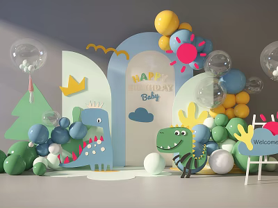 Baby Birthday Party Setup With Dinosaur Decorations Balloons And Welcome Sign 3d model