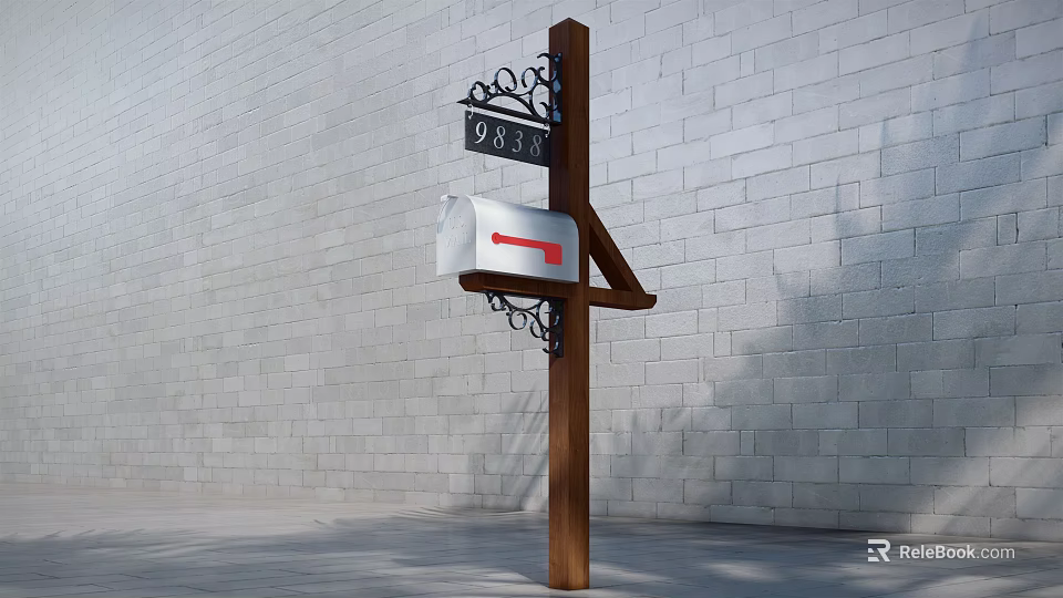Commercial Mailbox With Wooden Post Black Sign 0337 And Gray Brick Wall 3d model 
