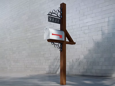 Commercial Mailbox With Wooden Post Black Sign 0337 And Gray Brick Wall 3d model