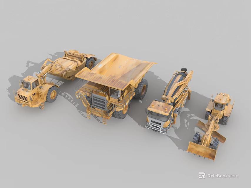 Yellow Construction Functional Vehicles With Different Types Like Dump Truck Loader And Bulldozer 3d model 