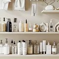 Well Organized Bathroom Toiletries On Shelves With Towels Hair Dryer
