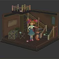 Cartoon Scene With Girl Red Curly Hair Green Skirt Small Puppy Wooden Crates And Staircase
