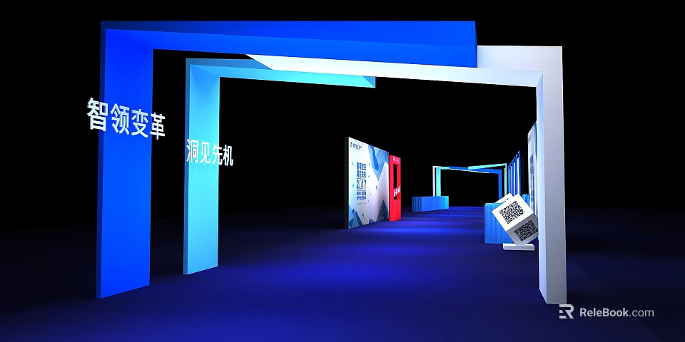 Illuminated Blue Gradient Background Wall Design In Exhibition Hall Corridor With Booths 3d model 