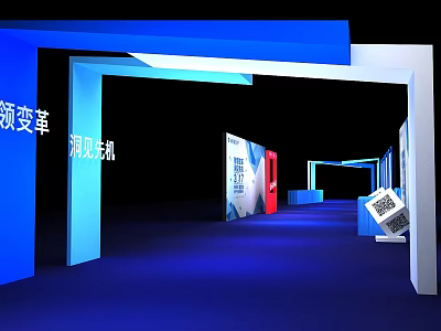 Illuminated Blue Gradient Background Wall Design In Exhibition Hall Corridor With Booths 3d model