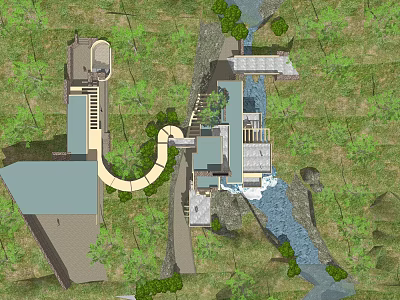 Detached Villa Exterior With Natural River Green Lawn And Surrounding Trees 3d model