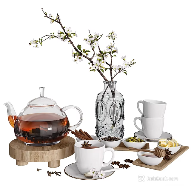 Stylish Tableware Set with Glass Teapot White Cups Spices and Blossom Vase on Wooden Tray 3d model 