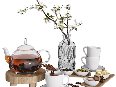 Stylish Tableware Set with Glass Teapot White Cups Spices and Blossom Vase on Wooden Tray 3d model