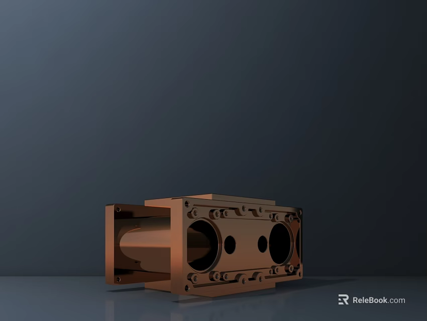 Copper Colored Metal Sculpture With Mechanical Design Circular Holes And Carved Patterns On Gray Background 3d model 