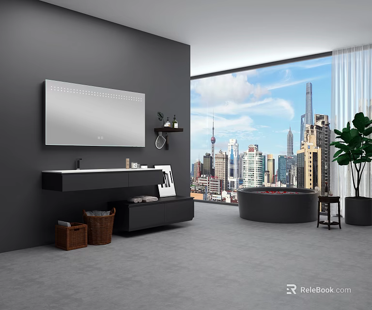 Modern Bathroom Interior with Gray Walls Large Window City Skyline View Bathtub and Mirror 3d model 