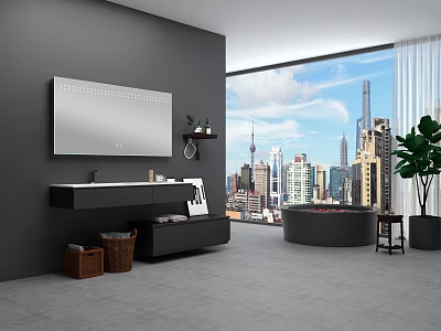 Modern Bathroom Interior with Gray Walls Large Window City Skyline View Bathtub and Mirror 3d model