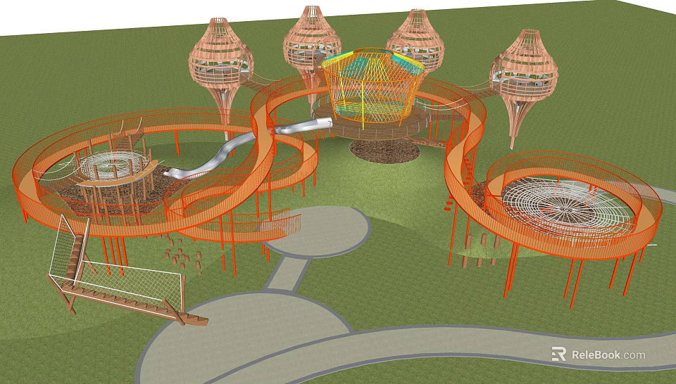 Elevated Playground Equipment Design With Tower Slides Net And Circular Platforms 3d model
