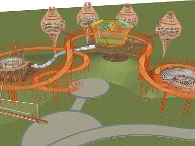 Elevated Playground Equipment Design With Tower Slides Net And Circular Platforms 3d model