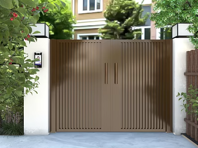 Modern Residential Entrance With Brown Slatted Double Doors And Green Plants 3d model