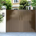 Modern Residential Entrance With Brown Slatted Double Doors And Green Plants