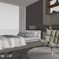 Modern Tatami Bedroom With Tatami Bed White Sheets Gray Pillows Padded Chair And Round Rug