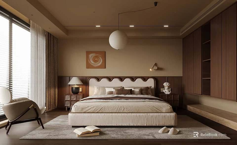 Modern Bedroom Interior Design With Large Bed Wall Art Nightstands And Pendant Light 3d model 