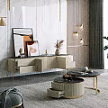 Modern TV Stand With White Cabinets Gold Metal Frame And Decorative Wall Art