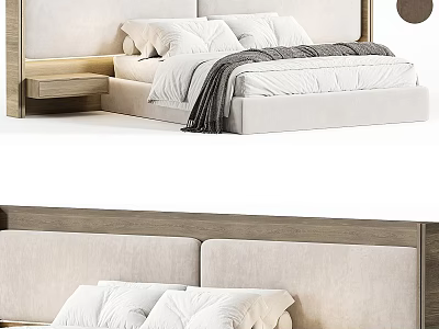 Minimalist Modern Double Bed With Upholstered Headboard White Pillows And Side Nightstand 3d model