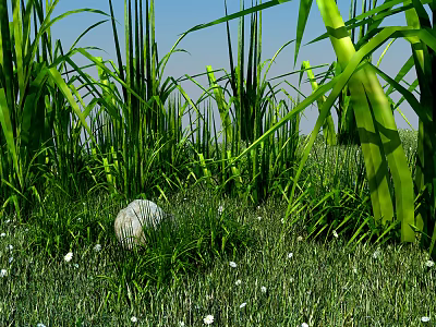 Green Grass and Flowers Field with Tall Stems White Small Flowers and White Stone 3d model