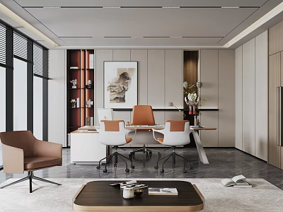 Modern Office Interior with Desk Chairs Bookshelf Artwork Coffee Table and Plants 3d model