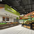 Supermarket Grocery Produce Section with Fresh Fruits Vegetables and Organized Wooden Shelves