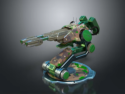 Mechanical Camouflage Weapon Turret Design With Circular Base And Green Accents 3d model
