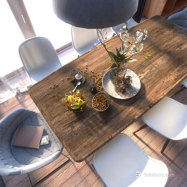 Rustic Wooden Coffee Table with Natural Texture Vase Flowers Bowls Green Plants and White Chairs 3d model 