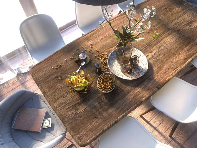 Rustic Wooden Coffee Table with Natural Texture Vase Flowers Bowls Green Plants and White Chairs 3d model