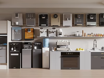 Modern Kitchen Interior With Various Household Appliances On Shelves And Countertops 3d model