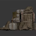 Modern Storage Display Featuring Stacked Sacks Clay Pots Wooden Barrel And Crates