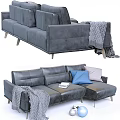Gray Leather Sectional Sofa with Decorative Blanket and Modern Pillows 3d model