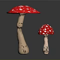 Large and Small Red Mushrooms with White Spots and Brown Stems on Black Background