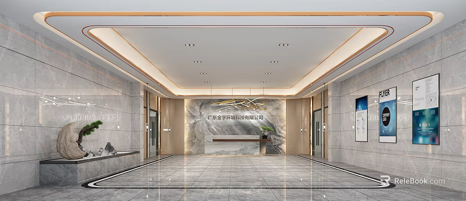 Modern Reception Desk in Spacious Lobby with Marble Wall Chandelier and Glass Doors 3d model 