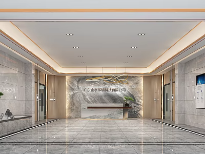 Modern Reception Desk in Spacious Lobby with Marble Wall Chandelier and Glass Doors 3d model