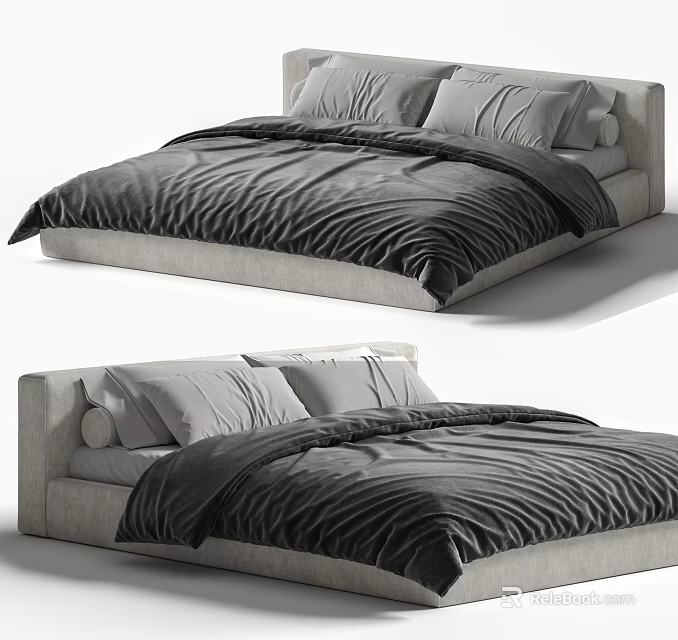 Modern Double Bed Interior Design With Gray Headboard And Dark Gray Bedding 3d model
