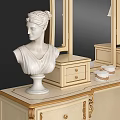 European Style Dressing Table With Gold Accents Matching Chair Table Lamp And White Sculpture