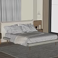 Modern Double Bed In Bedroom With Upholstered Headboard Nightstand Lamp And Curtains