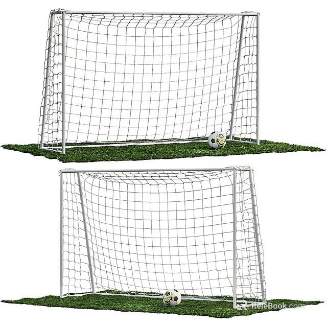 Football Field Featuring White Goal Nets and Soccer Ball on Green Grass Surface 3d model 