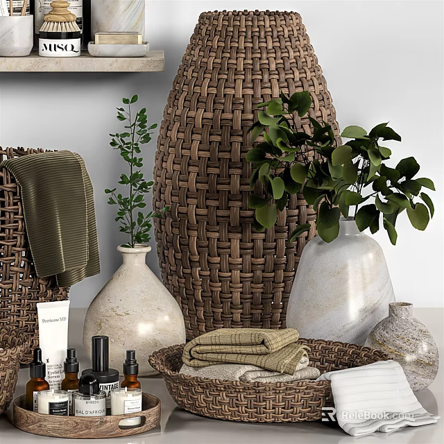 Bathroom Accessories With Soft Towels Bottles Wicker Basket And Decorative Green Plants 3d model 