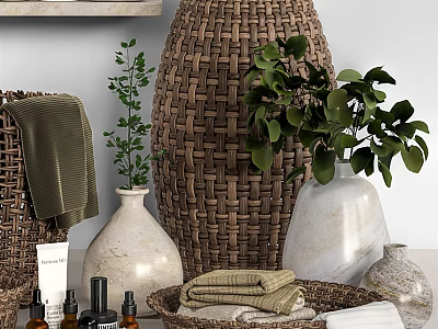 Bathroom Accessories With Soft Towels Bottles Wicker Basket And Decorative Green Plants 3d model