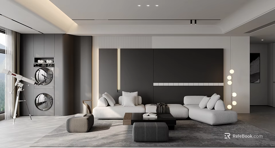 Modern Minimalist Living Room With Light Gray White Sofa Black Accent Wall And Floor Lamp 3d model 