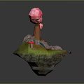 Miniature Garden Scene With Pink Tree Green Grass Rocks Water Pond And Red Mushrooms