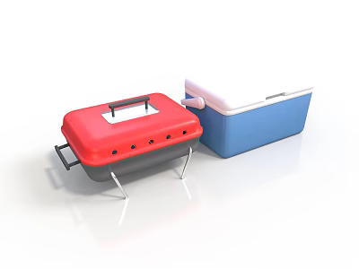Red Portable Grill With Stand And Blue Cooler Box For Outdoor Activities 3d model