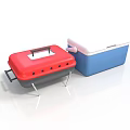 Red Portable Grill With Stand And Blue Cooler Box For Outdoor Activities