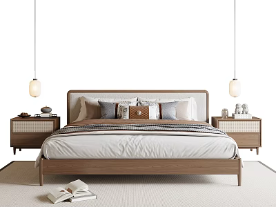 Minimalist Wooden Double Bed Bedroom Interior With Hanging Pendant Lights And Decorative Pillows 3d model