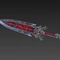 The Giant Red And Black Sword With Intricate Patterns Ornate Design Against Deep Blue Background