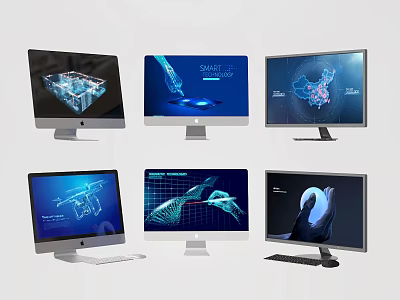 Six Computer Monitors Displaying Various Tech Interfaces And Digital Content 3d model